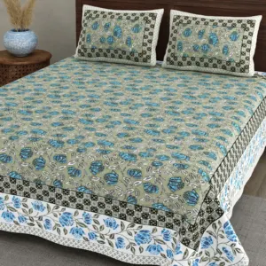Grey Blue Rose cotton double bedsheet 90x108 wholesale Jaipur – Mehrangarh collection