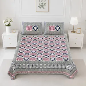 Grey Pink Geometric cotton double bedsheet 90x108 wholesale Jaipur – Mehrangarh collection
