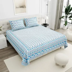 Ice Blue Booti cotton double bedsheet 90x108 wholesale Jaipur – Shwet Buta collection