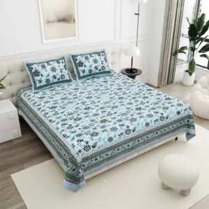 Ice Blue Floral cotton double bedsheet 90x108 wholesale Jaipur – Jheel Blue collection