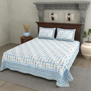 Indigo Diamond Lattice cotton double bedsheet 90x108 wholesale Jaipur – Jheel Blue collection