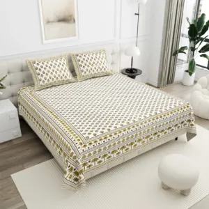 Ivory Gold Buta cotton double bedsheet 90x108 wholesale Jaipur – Shwet Buta collection