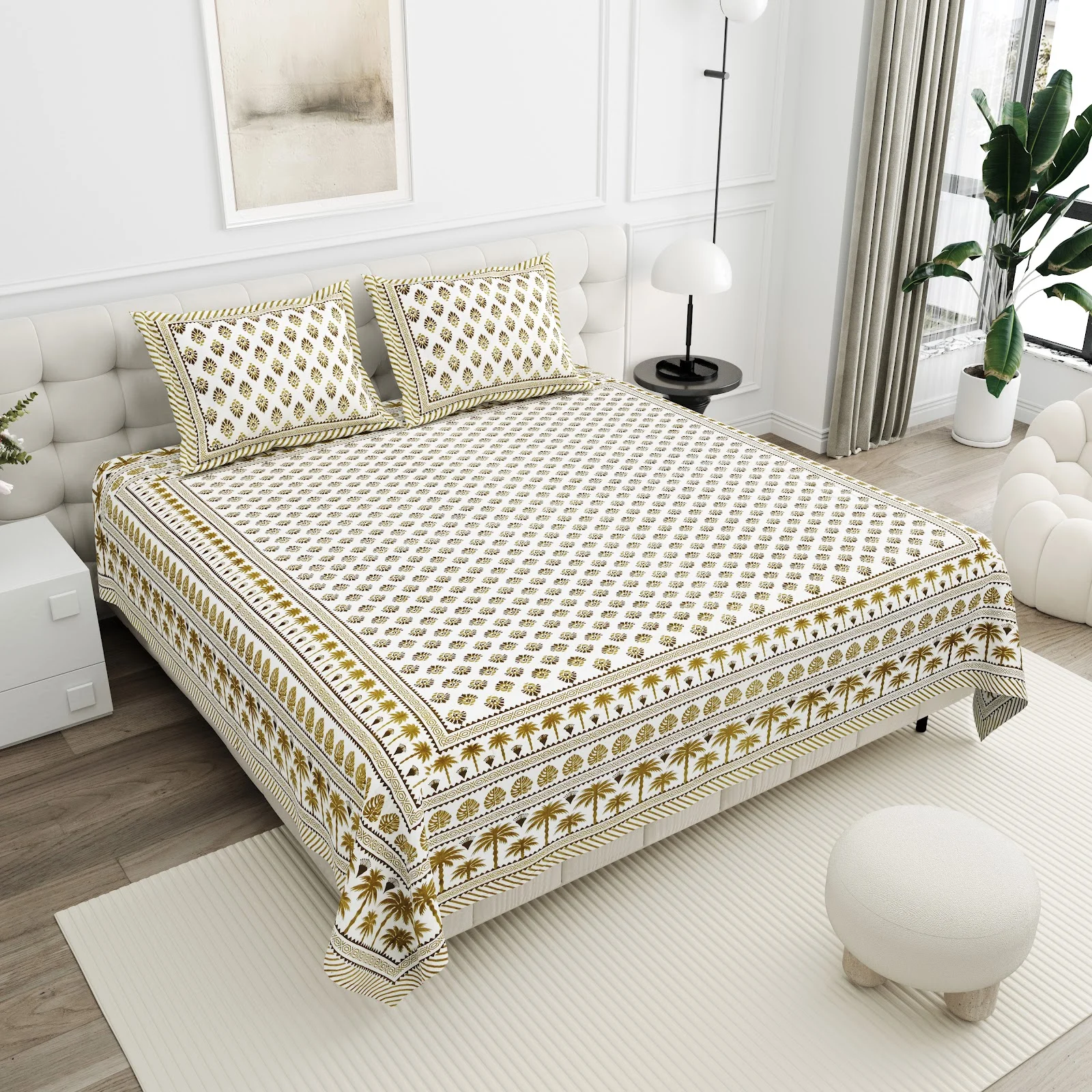 Ivory Gold Buta cotton double bedsheet 90x108 wholesale Jaipur – Shwet Buta collection