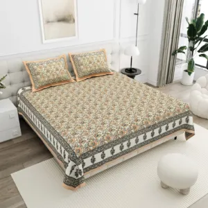 Khaki Floral Jaal cotton double bedsheet 90x108 wholesale Jaipur – Mehrangarh collection