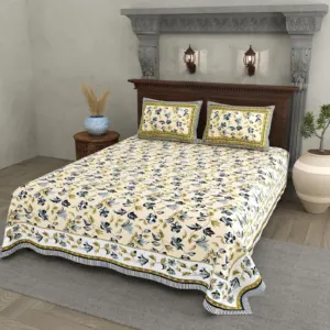 Lemon Navy Floral cotton double bedsheet 90x108 wholesale Jaipur – Sunehri collection