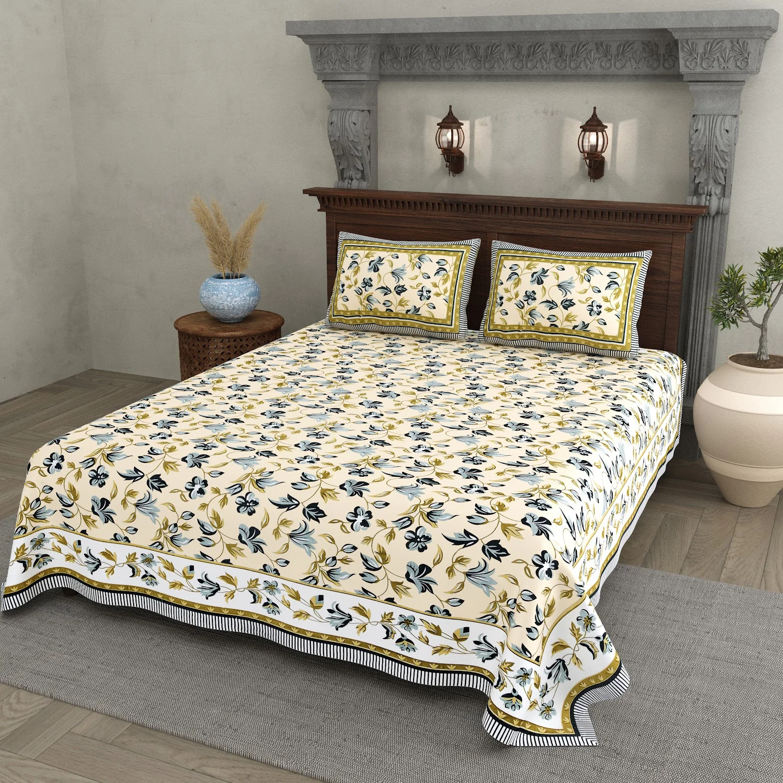 Lemon Navy Floral cotton double bedsheet 90x108 wholesale Jaipur – Sunehri collection