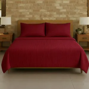Maroon Plain Cotton Satin Stripe Double Bedsheet 93x108 with 2 Pillow Covers (Shahi Satin Double)