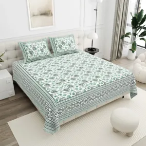 Mint Grey Floral cotton double bedsheet 90x108 wholesale Jaipur – Mehrangarh collection