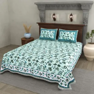 Mint Teal Leaf cotton double bedsheet 90x108 wholesale Jaipur – Jheel Blue collection