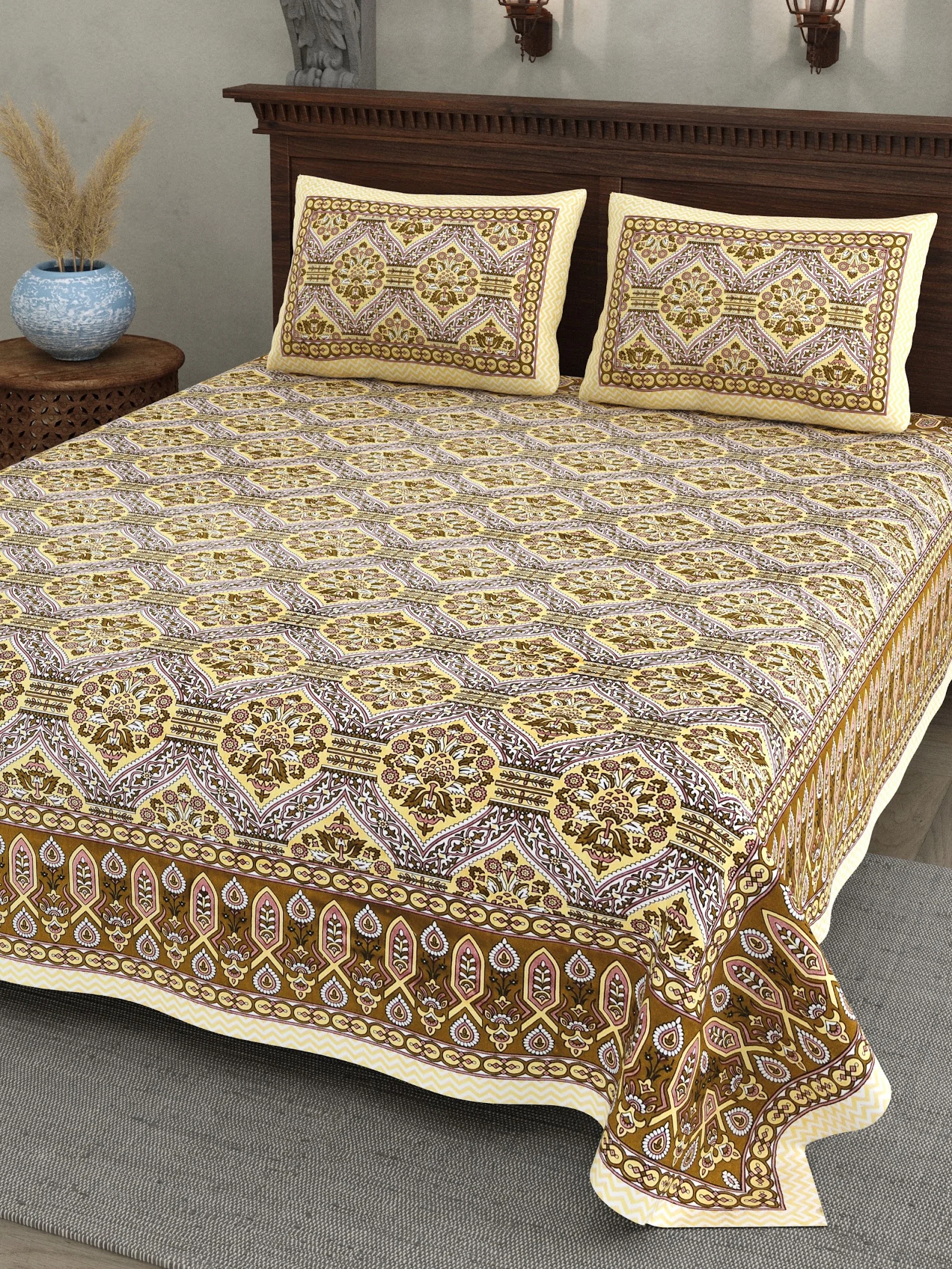 Mustard Mughal Mandala cotton double bedsheet 90x108 wholesale Jaipur – Sunehri collection