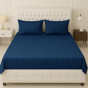 Navy Blue Plain Cotton Satin Stripe Double Bedsheet 93x108 with 2 Pillow Covers (Shahi Satin Double)