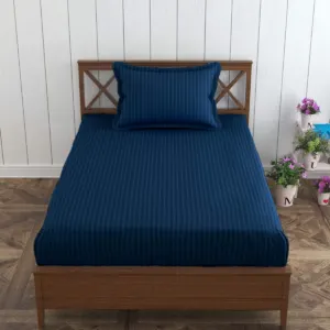 Navy Blue Plain Cotton Satin Stripe Single Bedsheet 63x90 with 1 Pillow Cover (Shahi Satin Single)