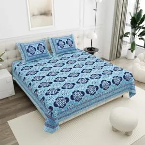 Navy Lotus Medallion cotton double bedsheet 90x108 wholesale Jaipur – Jheel Blue collection