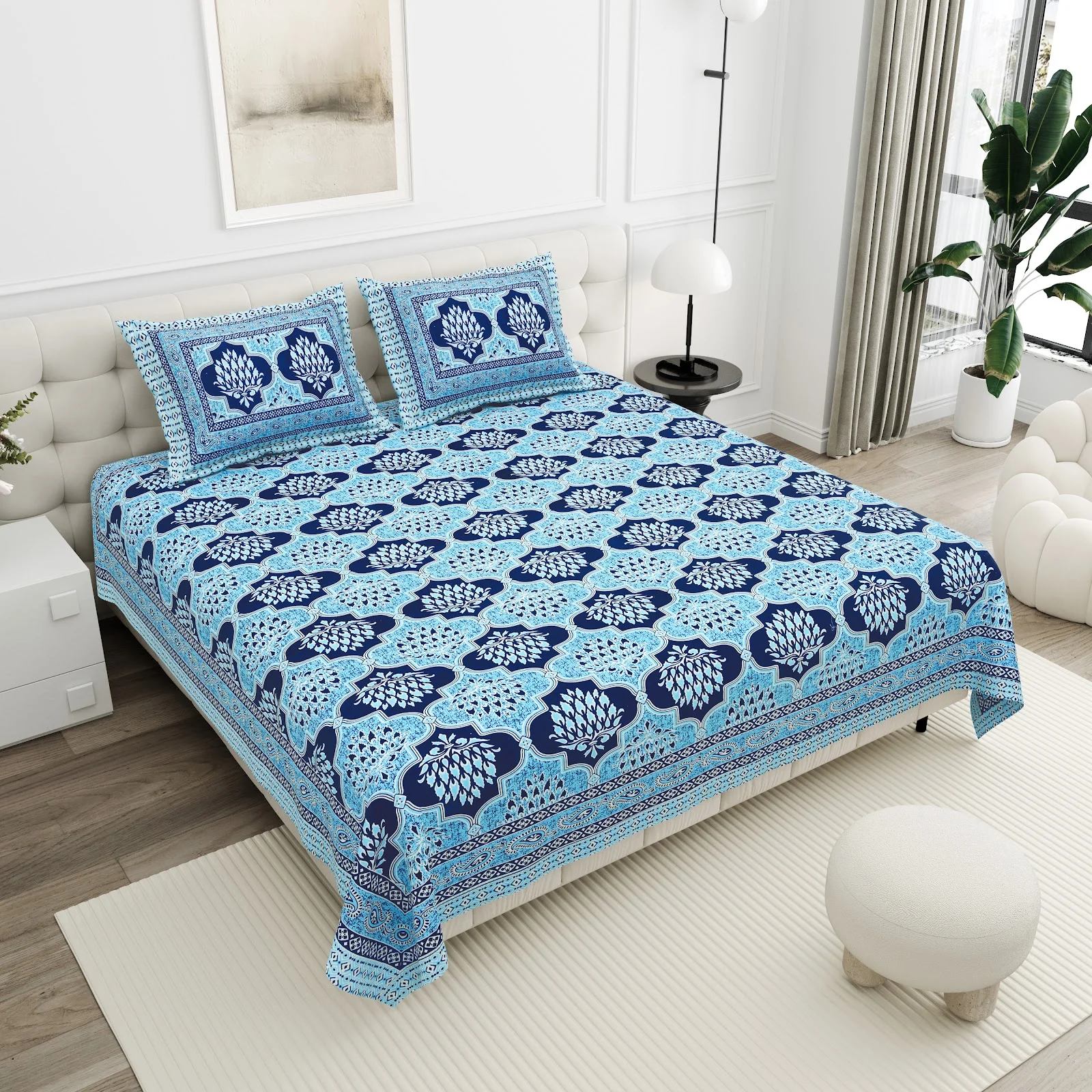 Navy Lotus Medallion cotton double bedsheet 90x108 wholesale Jaipur – Jheel Blue collection