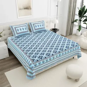 Navy Star Trellis cotton double bedsheet 90x108 wholesale Jaipur – Jheel Blue collection