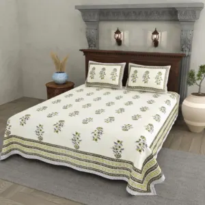 Olive Big Buta cotton double bedsheet 90x108 wholesale Jaipur – Shwet Buta collection