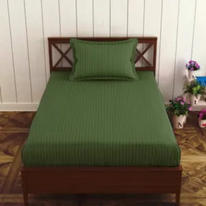 Olive Green Plain Cotton Satin Stripe Single Bedsheet 63x90 with 1 Pillow Cover (Shahi Satin Single)