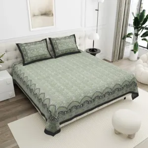 Olive Sage Damask cotton double bedsheet 90x108 wholesale Jaipur – Mehrangarh collection