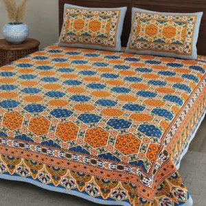 Orange Hexagon cotton double bedsheet 90x108 wholesale Jaipur – Sunehri collection