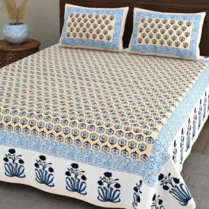 Peach Blue Flower Pot Border cotton double bedsheet 90x108 wholesale Jaipur – Sunehri collection