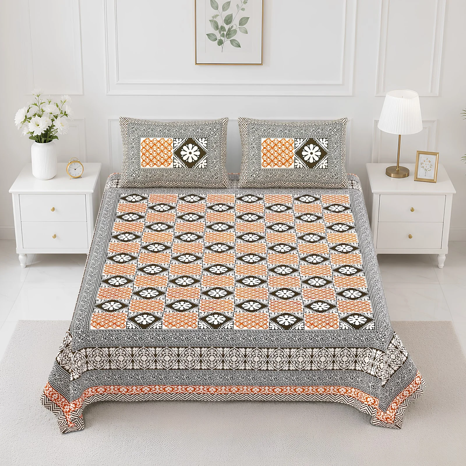 Peach Charcoal Geometric cotton double bedsheet 90x108 wholesale Jaipur – Sunehri collection