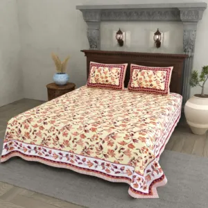 Peach Floral Bel cotton double bedsheet 90x108 wholesale Jaipur – Sunehri collection