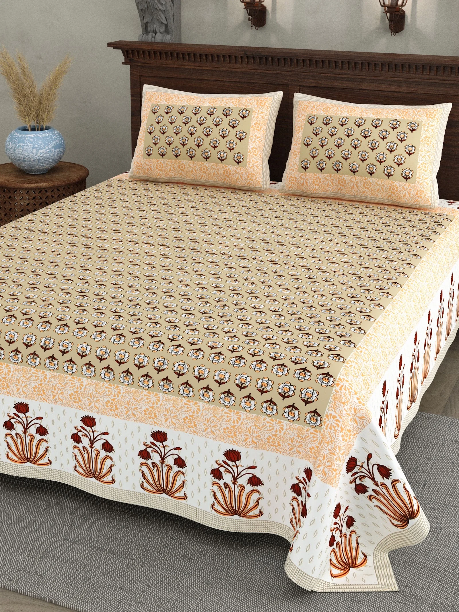 Peach Flower Pot Border cotton double bedsheet 90x108 wholesale Jaipur – Sunehri collection