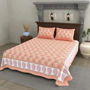 Peach Keri Border cotton double bedsheet 90x108 wholesale Jaipur – Sunehri collection