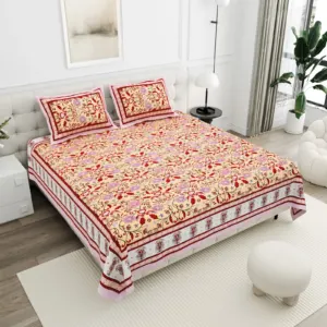 Peach Mughal Floral cotton double bedsheet 90x108 wholesale Jaipur β Sunehri collection