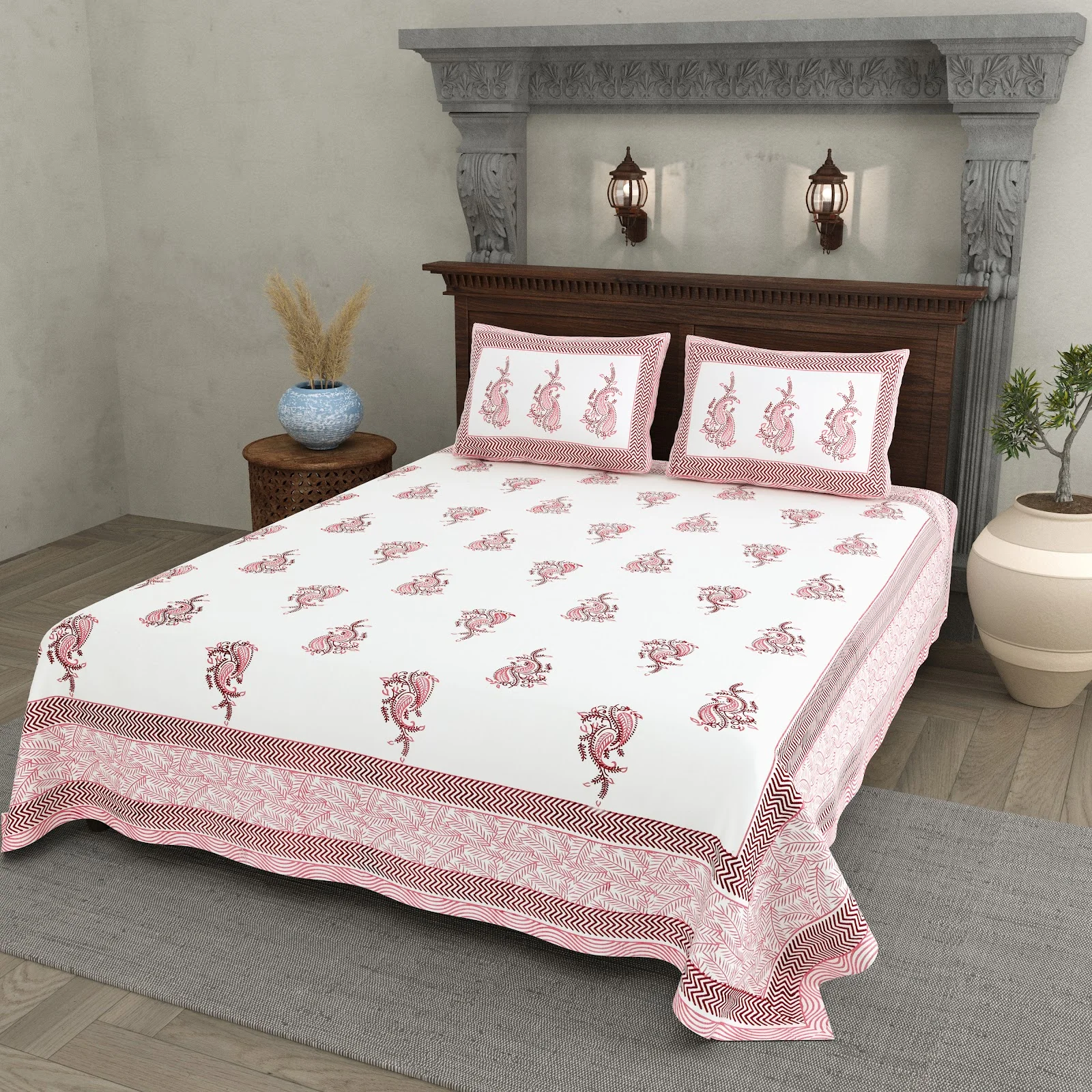 Pink Big Buta cotton double bedsheet 90x108 wholesale Jaipur – Shwet Buta collection