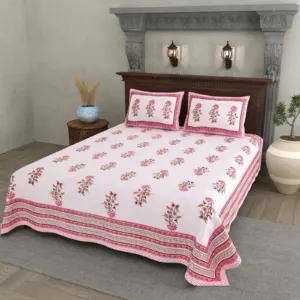 Pink Border Buta cotton double bedsheet 90x108 wholesale Jaipur – Shwet Buta collection