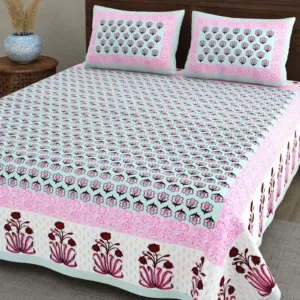 Pink Flower Pot Border cotton double bedsheet 90x108 wholesale Jaipur – Gulab Bagh collection