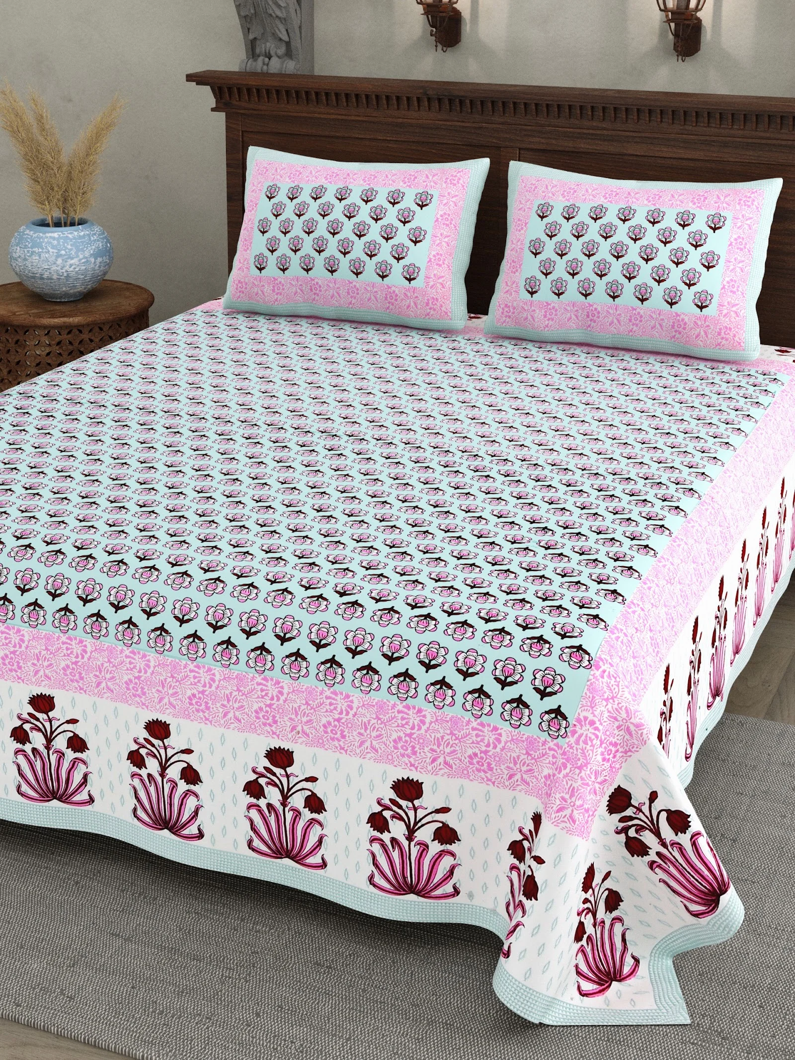 Pink Flower Pot Border cotton double bedsheet 90x108 wholesale Jaipur – Gulab Bagh collection