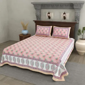 Pink Keri Border cotton double bedsheet 90x108 wholesale Jaipur – Gulab Bagh collection