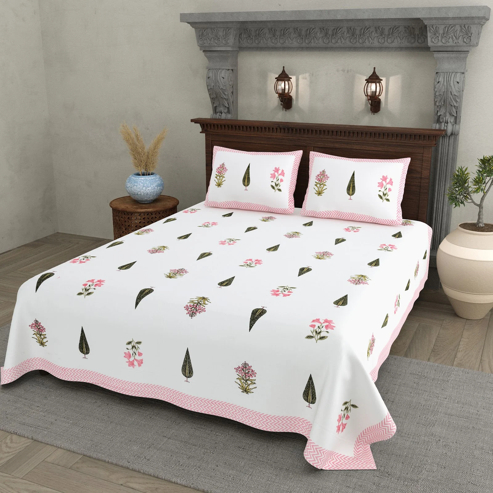 Pink Scatter Buta cotton double bedsheet 90x108 wholesale Jaipur – Shwet Buta collection