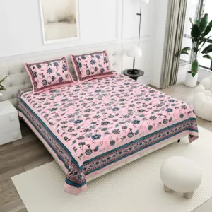 Pink Teal Floral cotton double bedsheet 90x108 wholesale Jaipur – Gulab Bagh collection