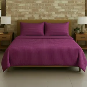 Plum Purple Plain Cotton Satin Stripe Double Bedsheet 93x108 with 2 Pillow Covers (Shahi Satin Double)
