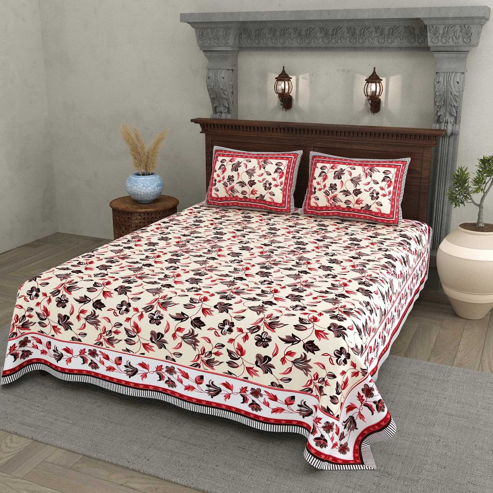 Red Black Floral cotton double bedsheet 90x108 wholesale Jaipur – Gulab Bagh collection
