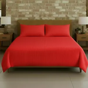 Red Plain Cotton Satin Stripe Double Bedsheet 93x108 with 2 Pillow Covers (Shahi Satin Double)