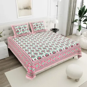 Rose Teal Buta cotton double bedsheet 90x108 wholesale Jaipur – Gulab Bagh collection