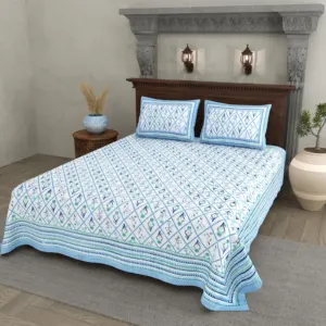 Sky Blue Diamond Trellis cotton double bedsheet 90x108 wholesale Jaipur – Jheel Blue collection