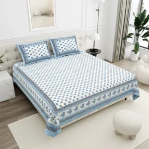 Sky Blue Mini Buta cotton double bedsheet 90x108 wholesale Jaipur – Jheel Blue collection