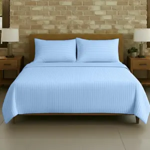 Sky Blue Plain Cotton Satin Stripe Double Bedsheet 93x108 with 2 Pillow Covers (Shahi Satin Double)