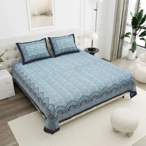 Steel Blue Damask cotton double bedsheet 90x108 wholesale Jaipur – Jheel Blue collection