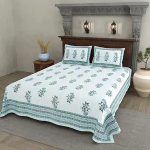 Teal Big Buta cotton double bedsheet 90x108 wholesale Jaipur – Shwet Buta collection