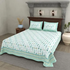 Teal Trellis cotton double bedsheet 90x108 wholesale Jaipur – Jheel Blue collection