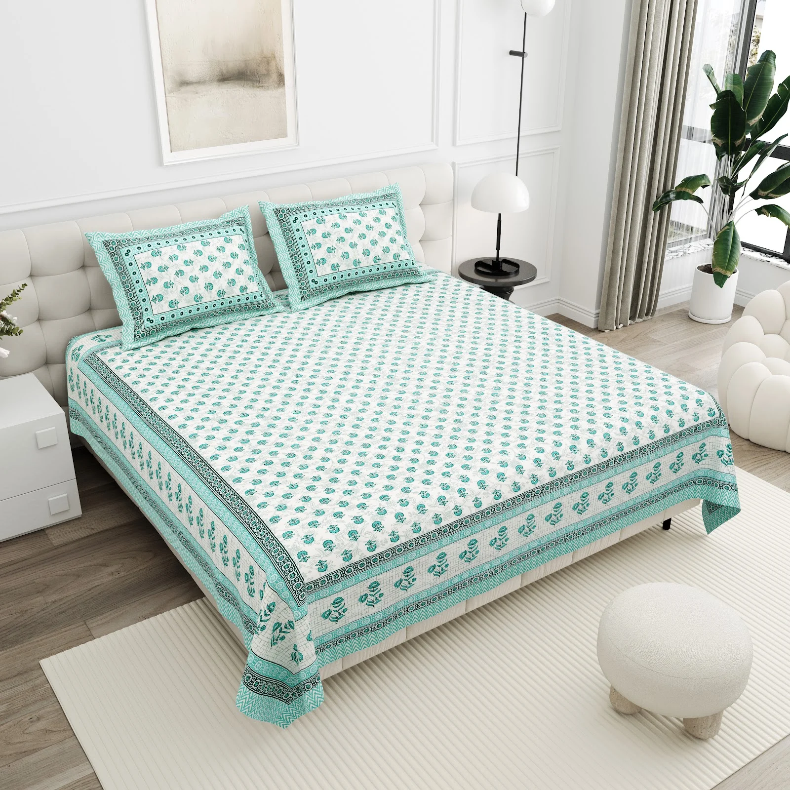 Aqua Mini Buta cotton double bedsheet 90x108 wholesale Jaipur – Shwet Buta collection