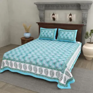 Turquoise Keri Border cotton double bedsheet 90x108 wholesale Jaipur – Jheel Blue collection