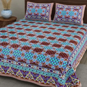 Turquoise Maroon Hexagon cotton double bedsheet 90x108 wholesale Jaipur – Jheel Blue collection