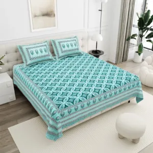Turquoise Ogee cotton double bedsheet 90x108 wholesale Jaipur – Jheel Blue collection